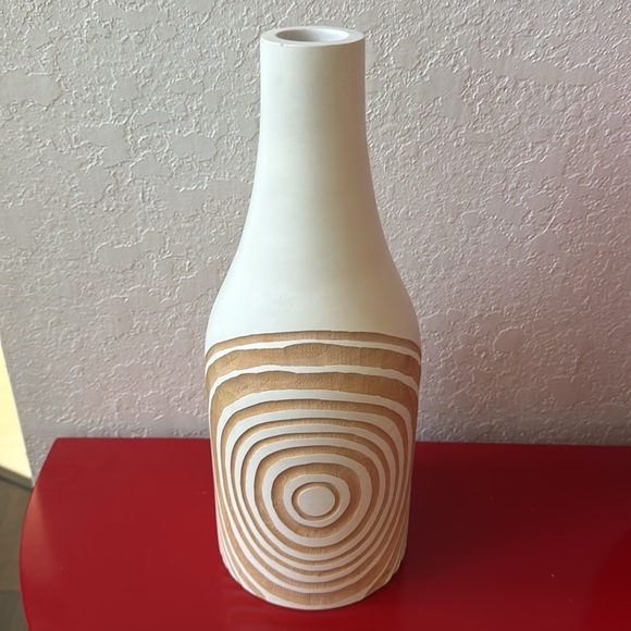 15” Boho Chic Modern Wooden Wood Vase Cut Out Geometric Design White Tan Decor - Picture 1 of 7